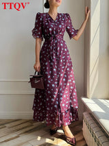 TTQV Summer Loose Print Women's Dress 2026 Fashion V-Neck Short Sleeve Ankle Length Dresses Elegant Classic Lace-Up Female Dress