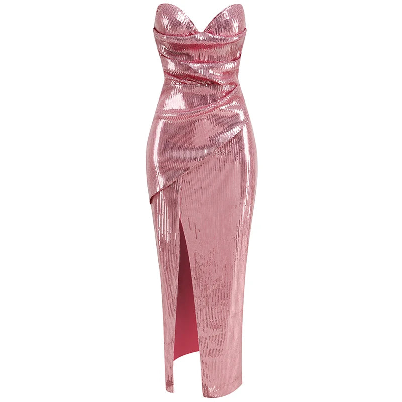 Sequined Strapless Evening Gown in Rose Color with a Thigh Slit, Women's Sexy Sequin Open Back Lace Up Dress Long Style