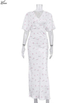 Oymimi Casual White Print Dresses For Woman Fashion V-Neck Batwing Sleeve Dresses Elegant Straight Floor-Length Dress Streetwear