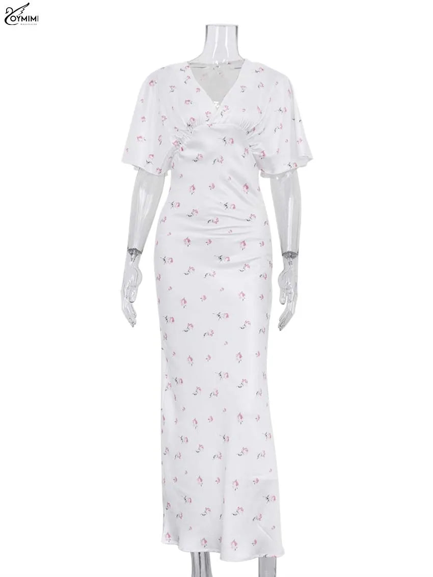 Oymimi Casual White Print Dresses For Woman Fashion V-Neck Batwing Sleeve Dresses Elegant Straight Floor-Length Dress Streetwear
