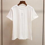 Women's Embroidered O-Neck Casual Tee Solid Color Short Knitted T-Shirt Summer Tops