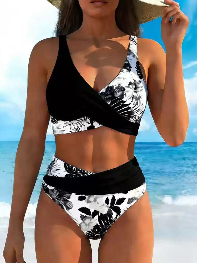 V Neck Tank Swimwears High Waist Bikini Summer Beach Bathing Suit Swimsuit Women Vertical Stripe Patchwork Bikini Set Wrap Front