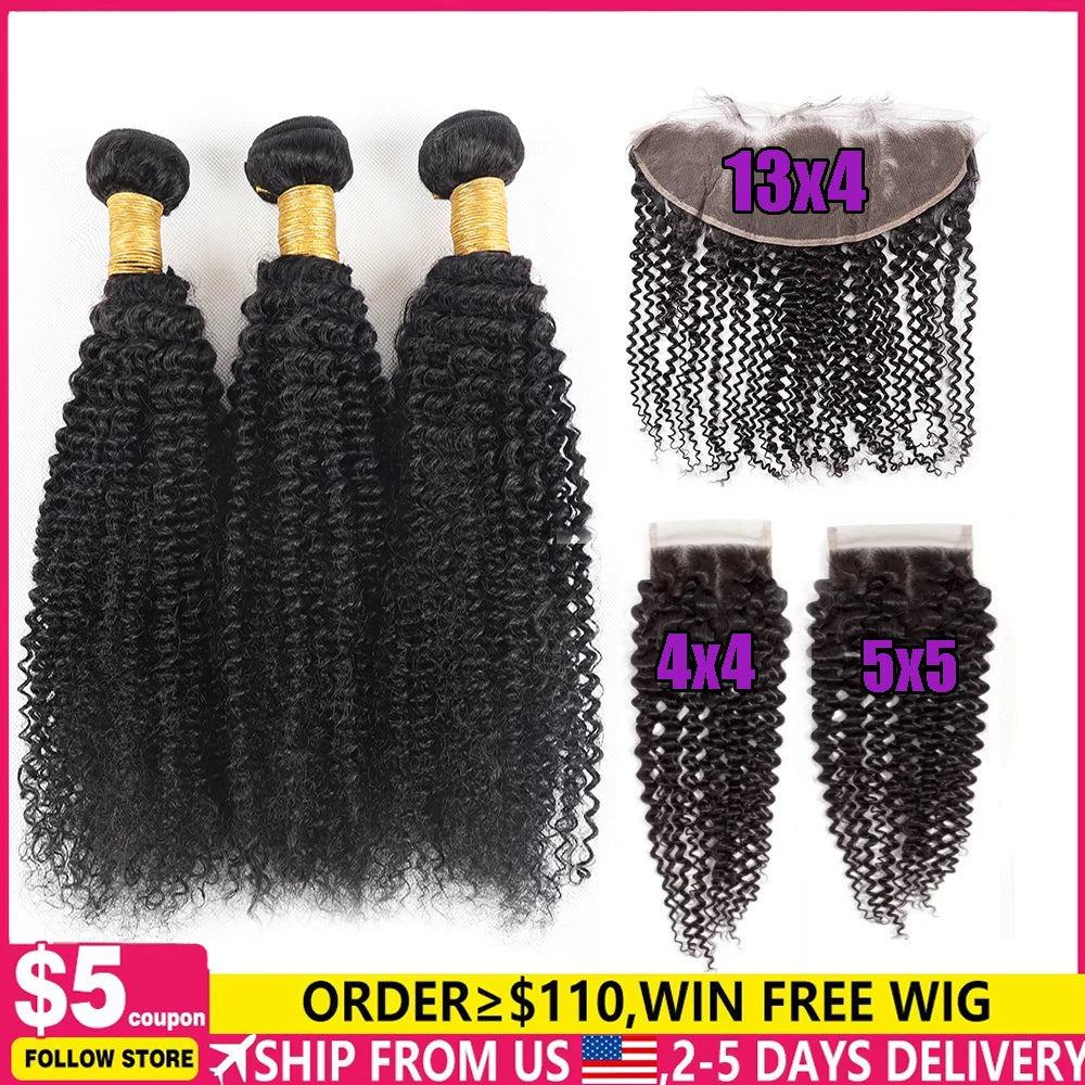 Human Hair Bundles With Closure Brazilian Kinky Curly Raw 3 4 Bundles With 4x4 5x5 HD Lace Closure Weave With 13x4 Frontal
