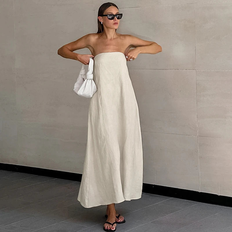 French-Style Women's Cotton-Linen Strapless Dress Chic New Solid Color Off-Shoulder Backless Sexy Casual Summer Dresses Vestido