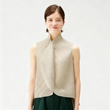 Miyake Pleated High-neck Sleeveless Women Leaf Fold Top