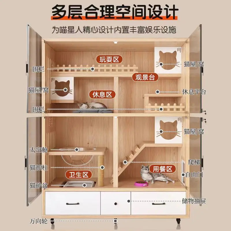 Cat Villa Solid Wood Panoramic Cat Cage Large Free Space  House Home Indoor Luxury