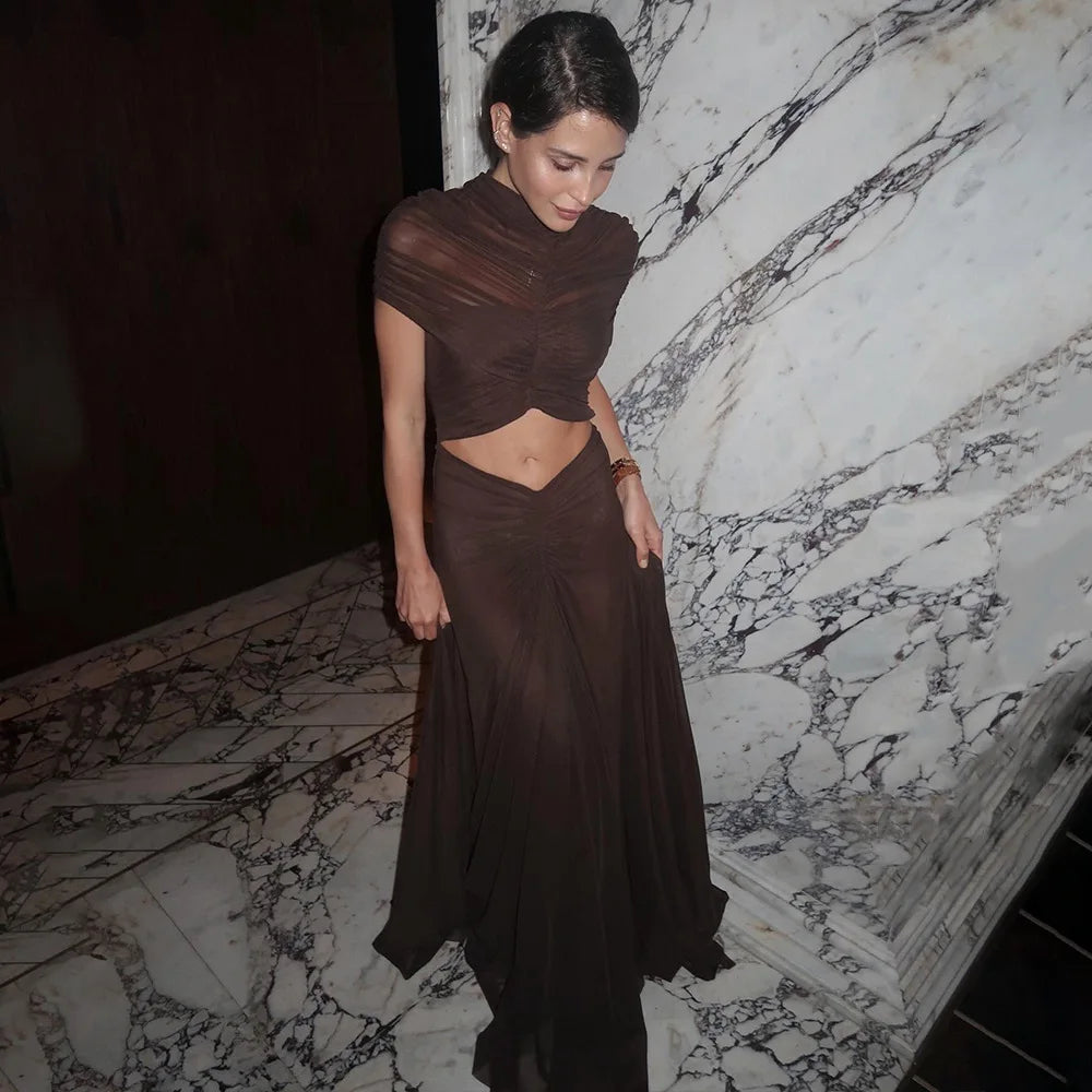 New Ruched Irregular Mesh Dress Women Patchwork High Neck Short Sleeve Hollow Out Long Dresses Female Party Maxi Dresses Outfits