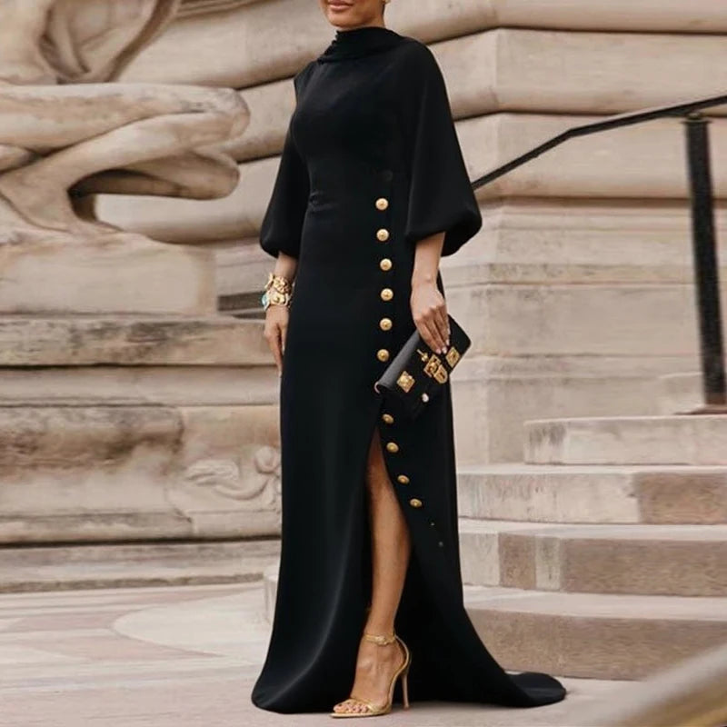 Modigirl Wedding Prom Evening Gown Party Slit Maxi Dresses for Woman 2025 New Lace Up Gold Button Womens Black Autumn Long Dress