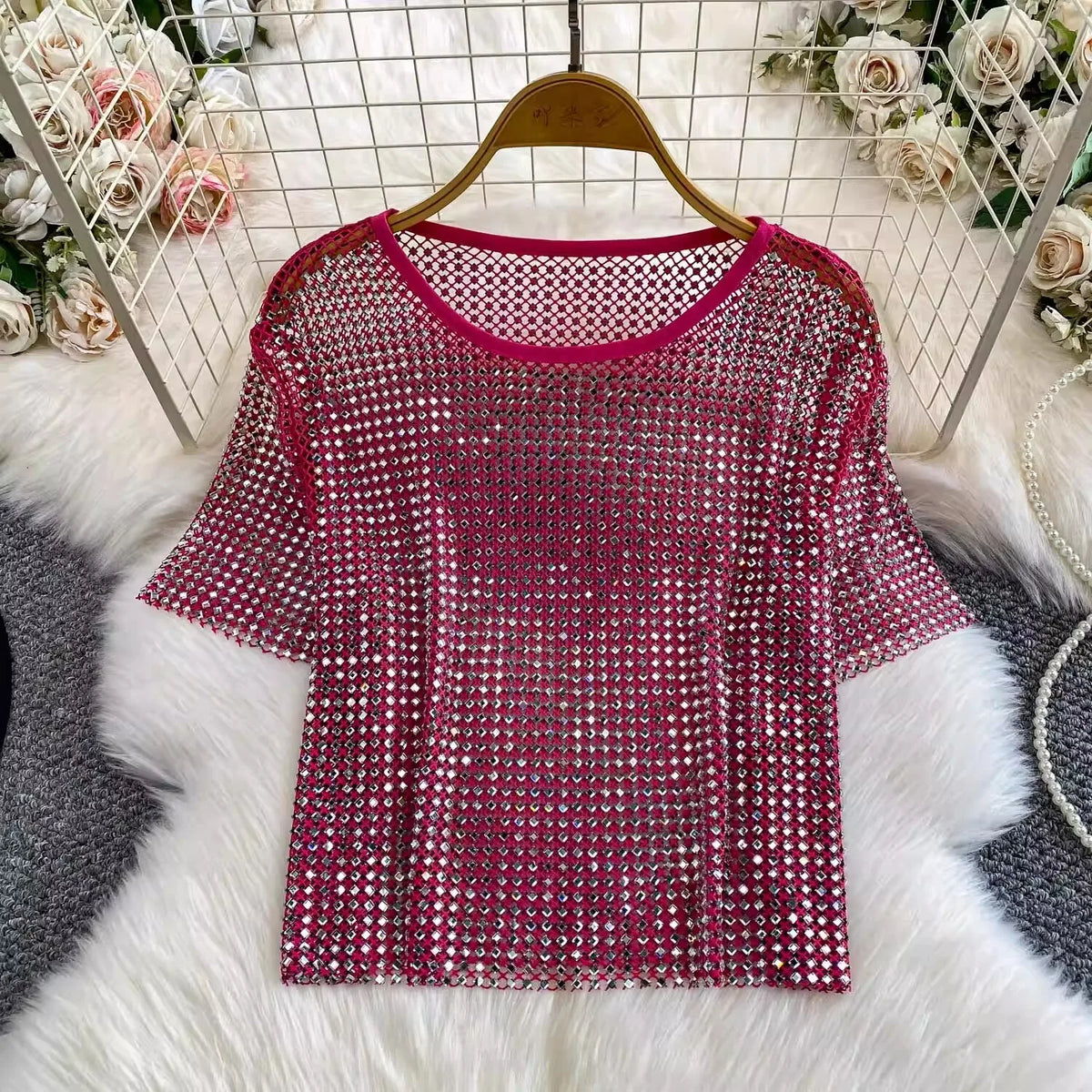 SHENGPALAE 2026 New Autumn Fashion Women Clothing Round Neck Short Sleeves Mesh Hollow Out Pullover T-shirt