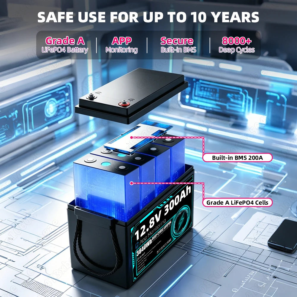 12V 300Ah Lifepo4 Battery Pack Support APP Monitoring Grade A 12.8V Lithium Iron Phosphate Rechargeable Cells DIY 24V 300AH For RV EV Home Energy Storage System Campsite Power Supply equipment Fast Delivery