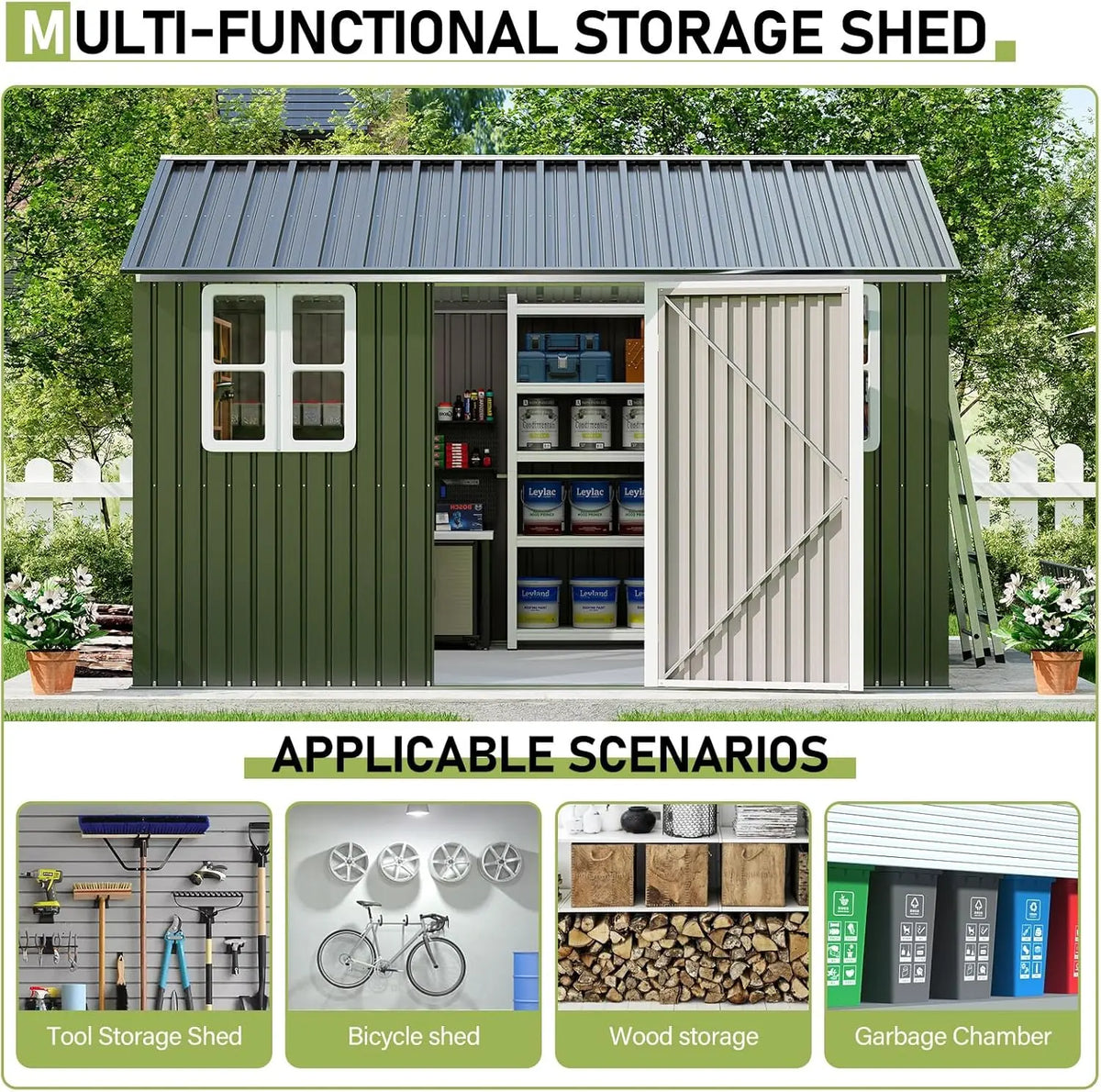 10 x 12FT Outdoor Storage Shed with a Lockable Hinged Door and 2 Windows, Patio, Dark Grey/White