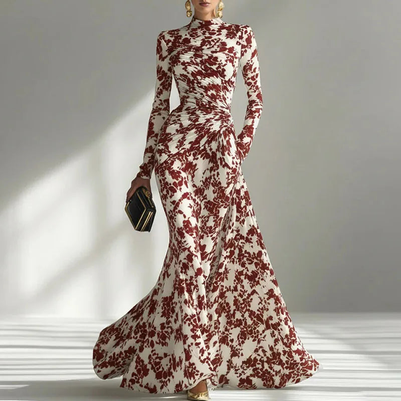 Sexy O Neck Floral Print Long Maxi Dress Woman 2026 Spring High Waist Slim Draped Party Dress Fall Long Sleeve A-Line Boho Dress