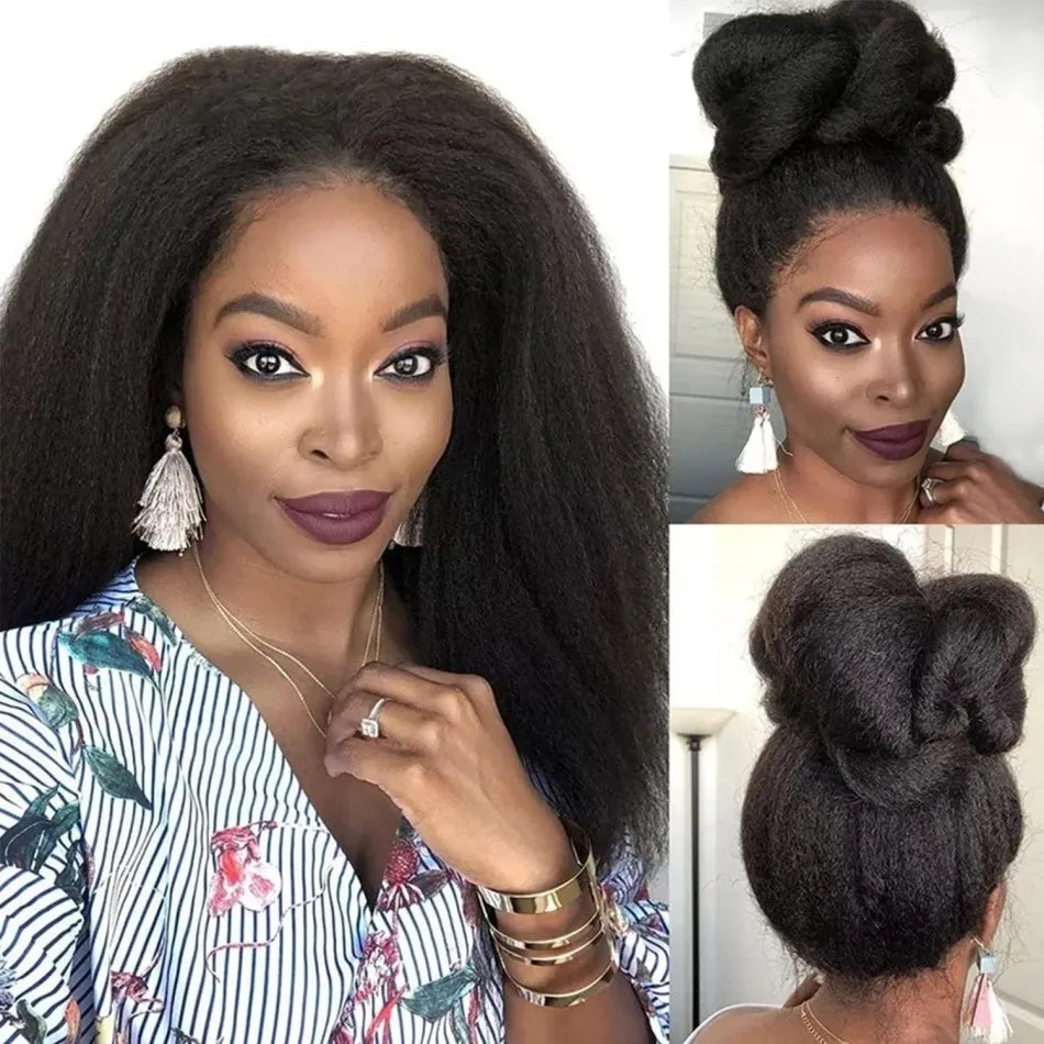 Kinky Straight Human Hair Wigs 360 Lace Front Wig Invisible Strap HD Pre