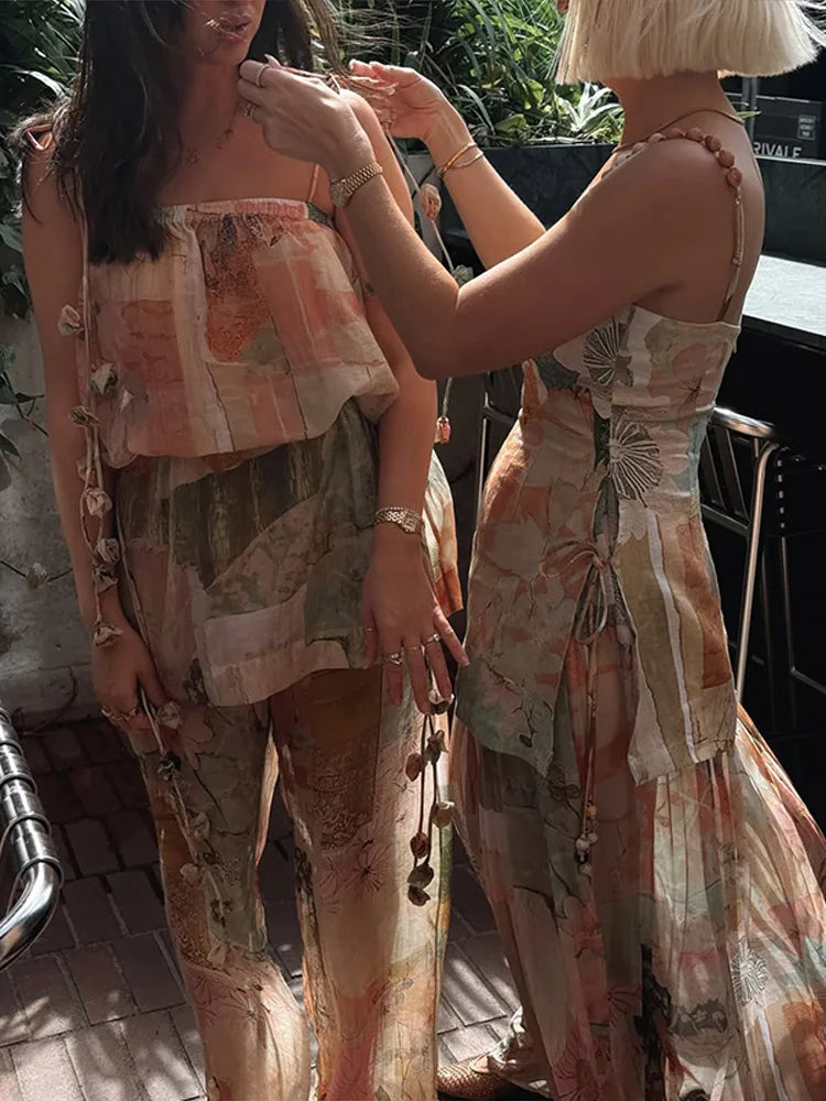 Sexy Printed Women's Dress Slip Top Sleeveless Pleated Lace Up Lady Long Dresses 2026 Summer Fashion Female Vacation Robe