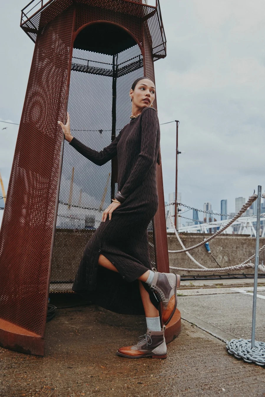 AS AW2025 cable knitting maxi dress soft Sweater round neck woman clothes with buttons