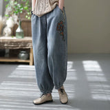 Spring Fall New Arrival Ethnic Style Embroidered Jeans Women Loose Casual Denim Harem Pants Elastic High Waist Female Trousers