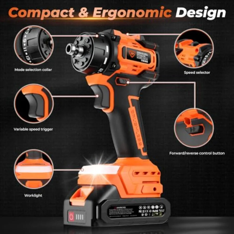 21V Brushless Cordless Drill Driver Kit 5-in-1 Multi-Head System with 2 Batteries and Charger Right Angle Adapter Offset Head 3