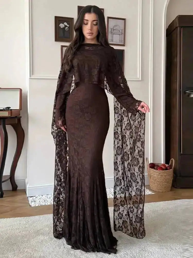 LGRQ 2026 New Elegant Round Neck Long Sleeved Waist Slimming Dress With Lace Shawl Temperament Women's Party Gown 19DB2591