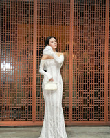 Oligai Autumn Off-Shoulder Maxi Dress Elegant Lace Flare Sleeves Red Evening Party Dress Women's New Arrival 2025 Cocktail Dress