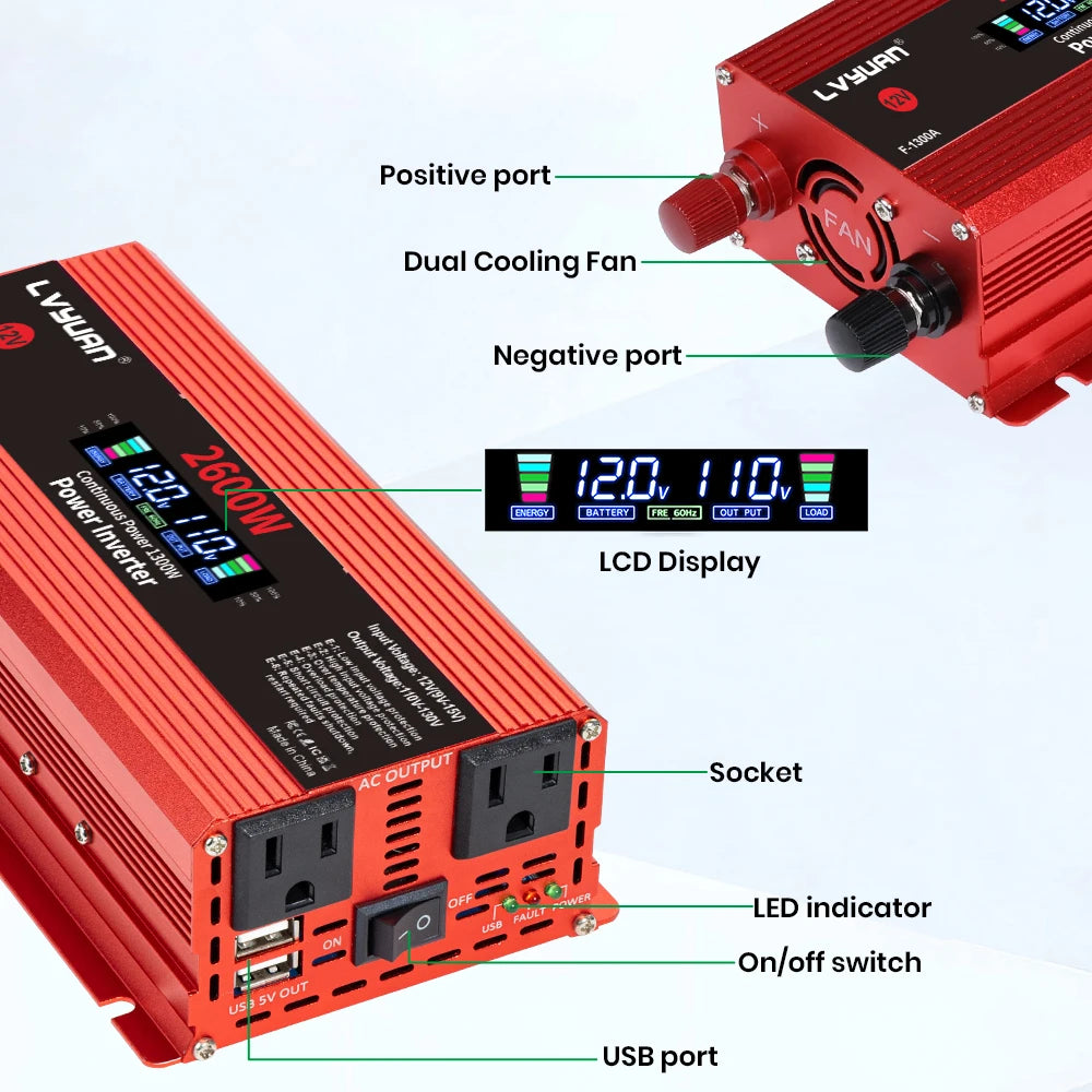 2600W 2000W 1500W Car Inverter 12V 110V Power Inversor Smart LCD Display Power Supply for Outdoor Camera/Phone/Drone Charging