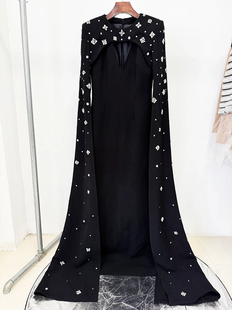 HIGH STREET Newest 2026 Designer Vestido Women's Diamonds Beaded Cape Sleeve Floor Length Maxi Long Dress