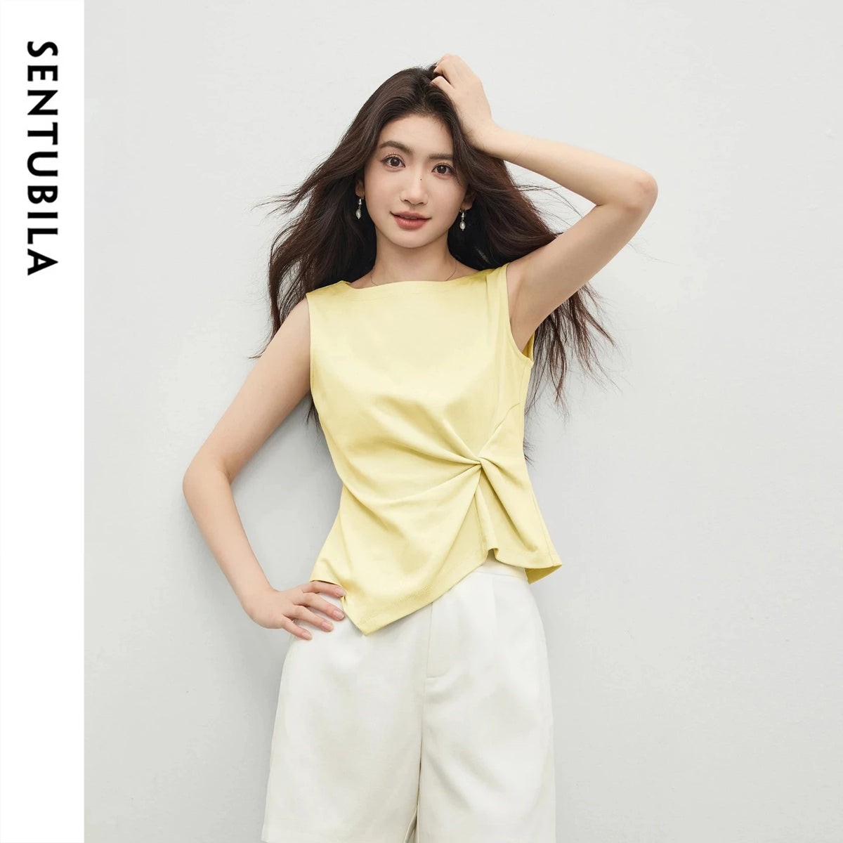SENTUBILA Women's Summer Tank Tops 2026 Casual Cotton Sleeveless Tee Slim Fit Twist Asymmetrical Hem T-shirts Woman 162TA5638