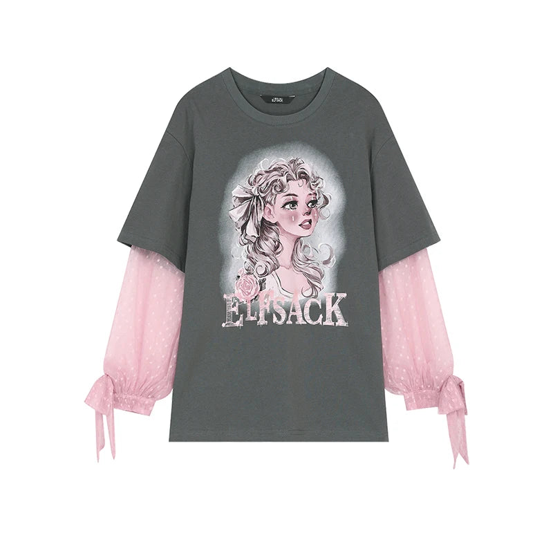 ELFSACK Fake 2 Piece T Shirt with Sweet Girl Print, Pink Sheer Sleeve Bow Tie Long Sleeve Casual Oversized Top