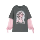ELFSACK Fake 2 Piece T Shirt with Sweet Girl Print, Pink Sheer Sleeve Bow Tie Long Sleeve Casual Oversized Top