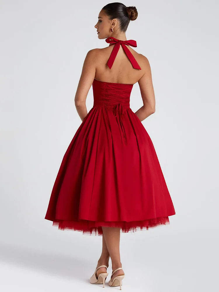 Mozision Halter Backless A-line Club Midi Dress Women Fashion Elegant Square Collar Sleeveless High Waist Party Pleated Dress