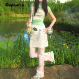 Euphoria Y2K Sweet Patchwork Green Short Sleeve Folds T-Shirts For Women Casual Slim Fit Fashion Knitted Tees Shoujo Tops