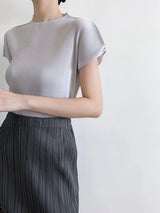 Miyake Pleated Short Sleeve Tops Women's New Summer Round Neck Solid Color Lemon Yellow Causal Korean Fashion T-Shirt