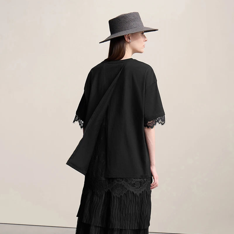 Amii Women's T-Shirt 2026 Summer Round Neck Drop Shoulder Cotton Tee Lace Patchwork Loose Side Slit Top For Women 12652004