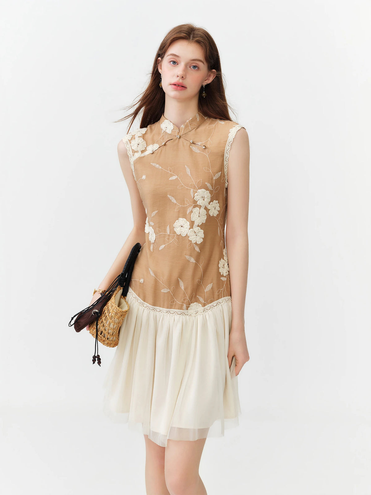 FSLE 2026 Summer Women's Contemporary Chinese-Inspired Intricate Embroidered Sleeveless Dress Sheer Mesh Overlay for Gala Events