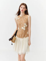 FSLE 2026 Summer Women's Contemporary Chinese-Inspired Intricate Embroidered Sleeveless Dress Sheer Mesh Overlay for Gala Events