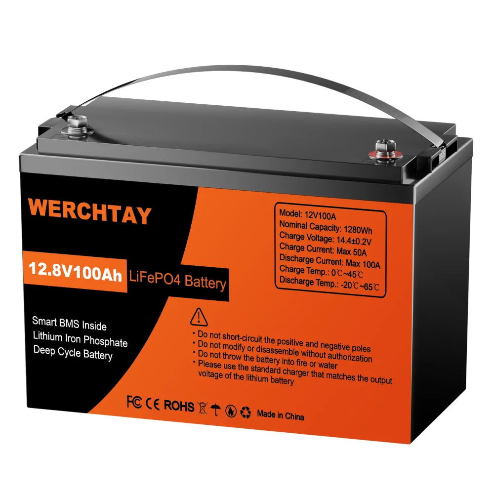 WERCHTAY 12V 100Ah LiFePO4 Lithium Battery for Camping 25000 Cycles Safe Lithium Power for RV Solar System With BMS Protection