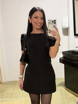 Women's Causal Puff Sleeve Party Dresses Elegant Solid Pockets A-line Slim Zipper Mini Dress Ladies Office Club Evening Outfit