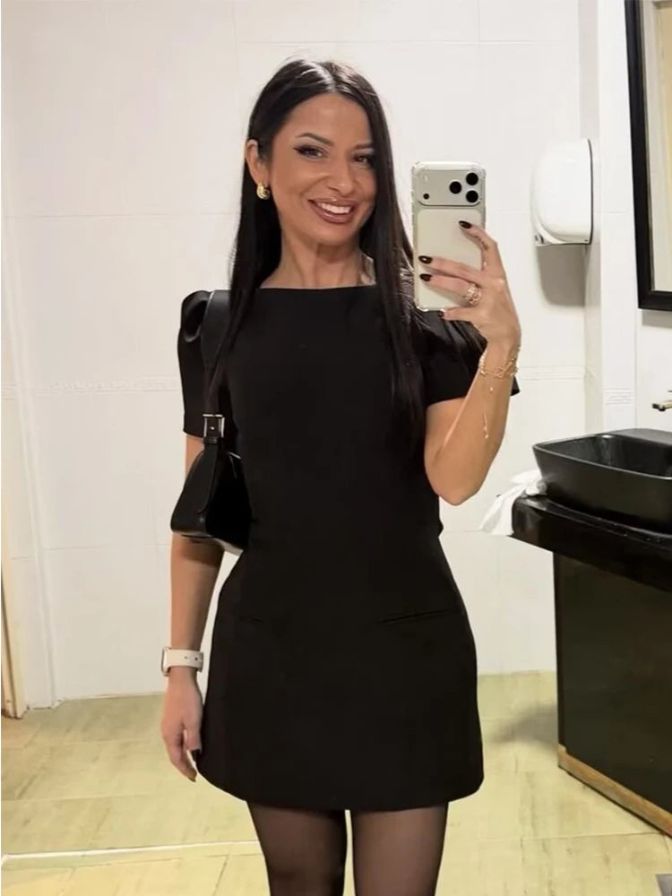 Women's Causal Puff Sleeve Party Dresses Elegant Solid Pockets A-line Slim Zipper Mini Dress Ladies Office Club Evening Outfit