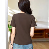 Grey pure cotton short sleeved T-shirt women's summer new high-end fashion plus size waist cinched hem slit pleated casual top