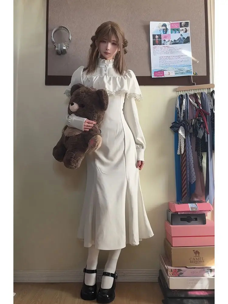 NiceMix Gothic Victorian Cape Lace High Neck Mermaid Dress New Long Dress Elegant Slim Dark Lolita Белое Готическое Платье