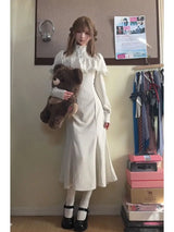 NiceMix Gothic Victorian Cape Lace High Neck Mermaid Dress New Long Dress Elegant Slim Dark Lolita Белое Готическое Платье