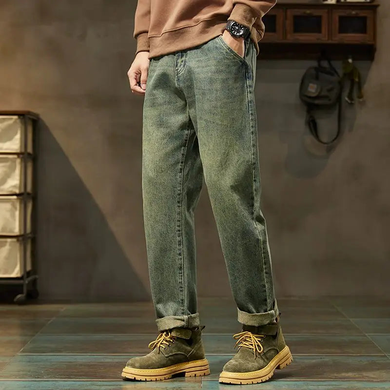 2026 Spring Men's Retro Harem Denim Jeans Loose Fit Harajuku Straight Pants Solid Color Comfortable Versatile Fashion Trousers
