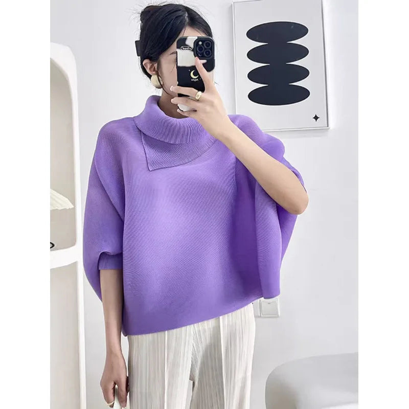 Miyake Pleated Scarf Collar Top 2026 New Simple Casual Batwing Sleeve Top T-Shirt Women's Plus Size Stretch Fashion Clothing