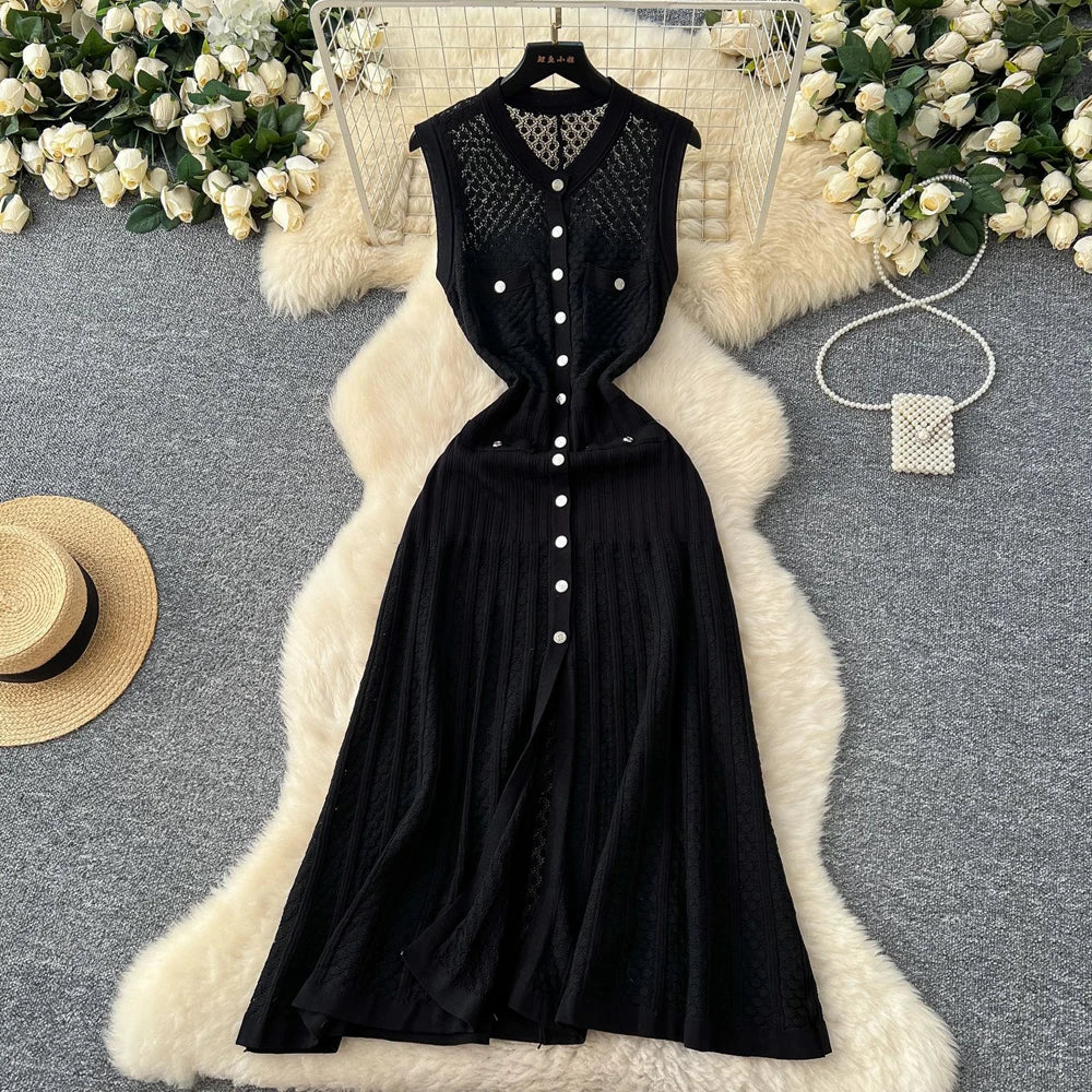YuooMuoo Brand Fashion Single-breasted Knitted Summer Dress Women Vintage Pockets A-line Long Shirt Dress Chic Vacation Robes