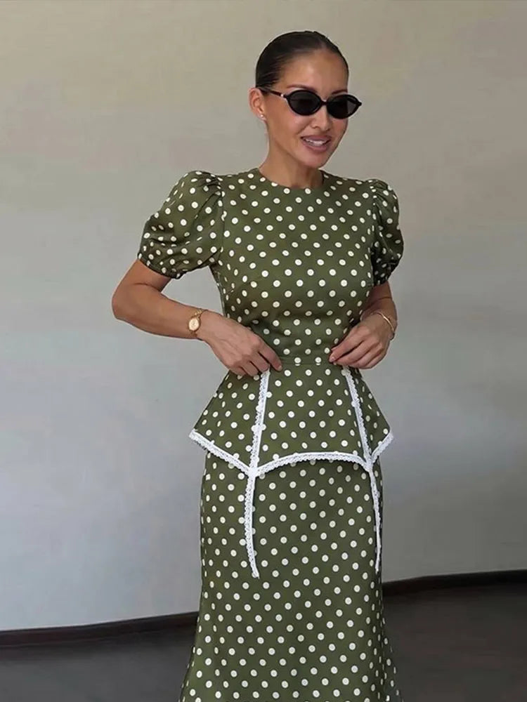Women Polka Dot Print Puff Sleeve Dress With Waistband Fashion Satin Ruffled Hem Maxi Dresses Lady 2026 Elegant Retro Party Robe