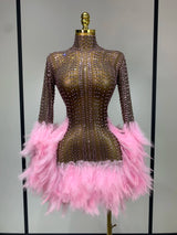 Women Luxury Birthday Dress Rhinestones Mesh Feathers Bodycon Mini Celebrity Evening Club Party Dress Nightclub Stage Outfit