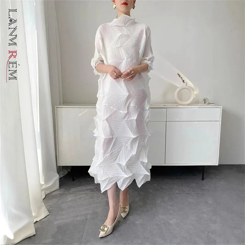 LANMREM Pleated Long Dress For Women Elastic Loose Irregular Pleated Stand Collar Pullover Famale Clothing Half Sleeve 2DB4256