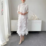 LANMREM Pleated Long Dress For Women Elastic Loose Irregular Pleated Stand Collar Pullover Famale Clothing Half Sleeve 2DB4256