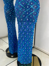 Women Luxury Prom Gowns Blue Sparkly Rhinestones Sequines Halter Backless Maxi Long Birthday Evening Club Party Dresses