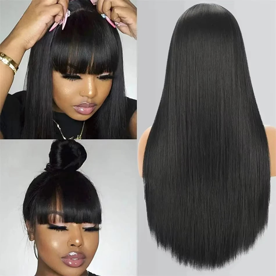 34 Inch 3X1 Middle Part Lace Wig Straight Human Hair Wigs With Bangs Brazilian Full Machine Made 100% Human Hair Wigs For Women