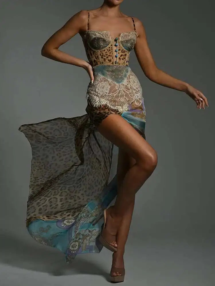 Blifanbo Sexy Leopard Print Lace Split Maxi Dress Women Gown Elegant Sleeveless Patchwork Chiffon Backless Beach Evening Dress